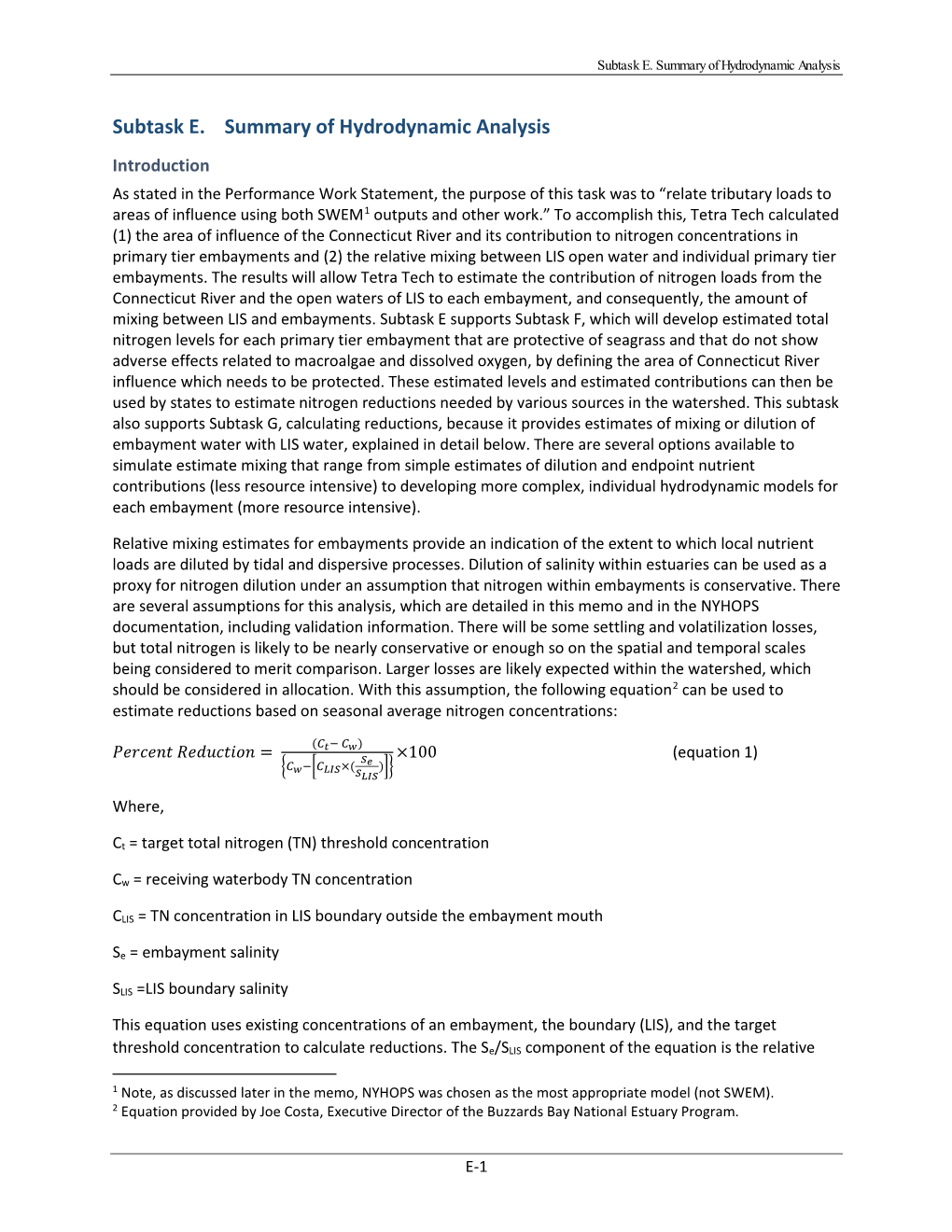 Subtask E. Summary of Hydrodynamic Analysis