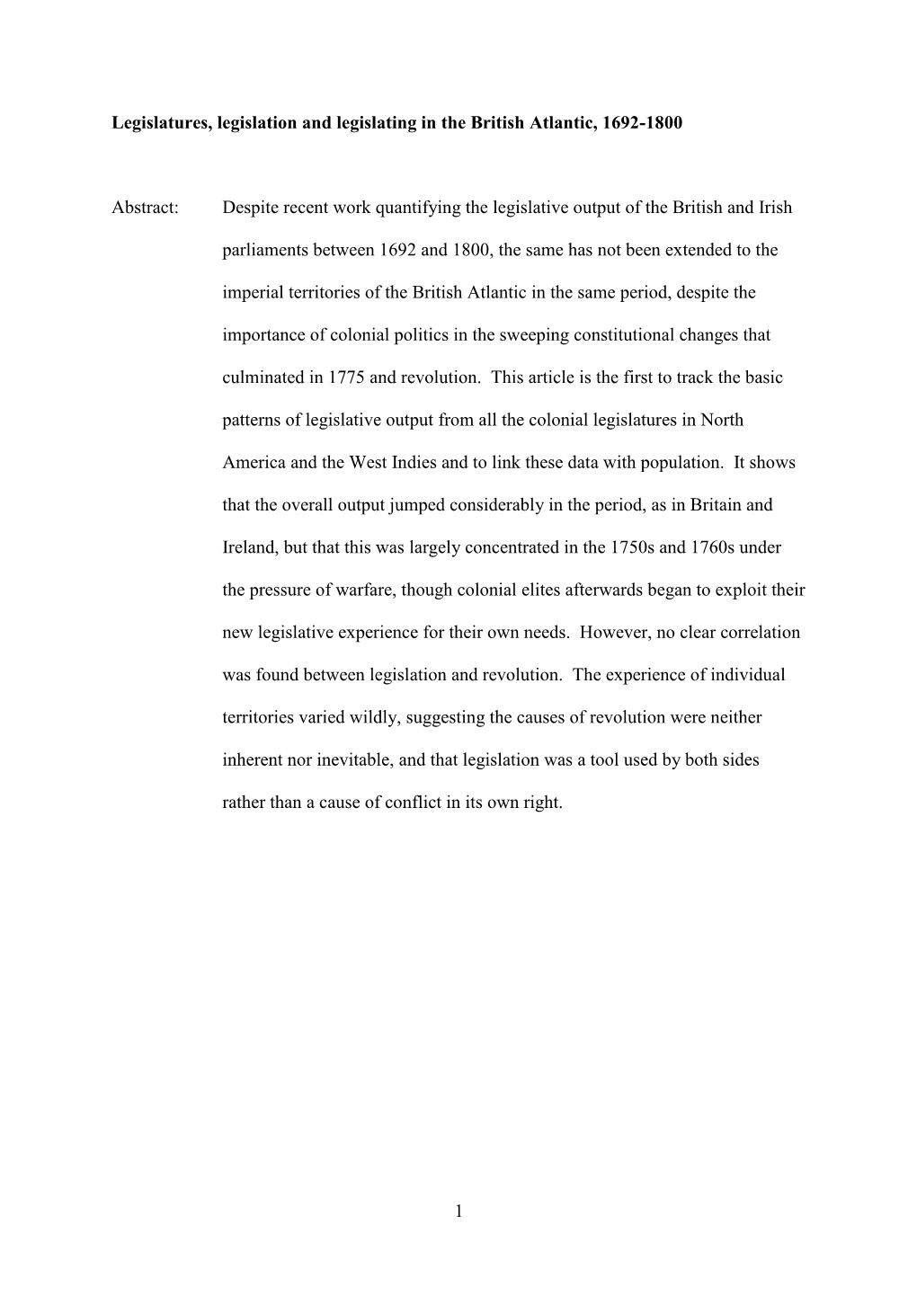 1 Legislatures, Legislation and Legislating in the British Atlantic