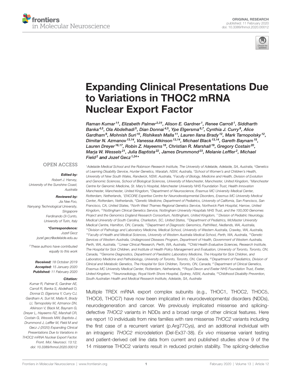 Expanding Clinical Presentations Due to Variations in THOC2 Mrna Nuclear Export Factor