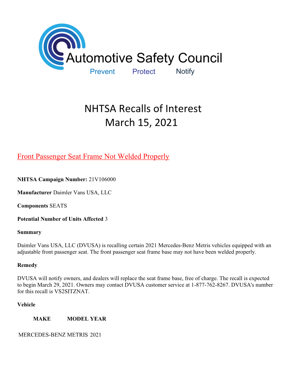 NHTSA Recalls of Interest March 15, 2021