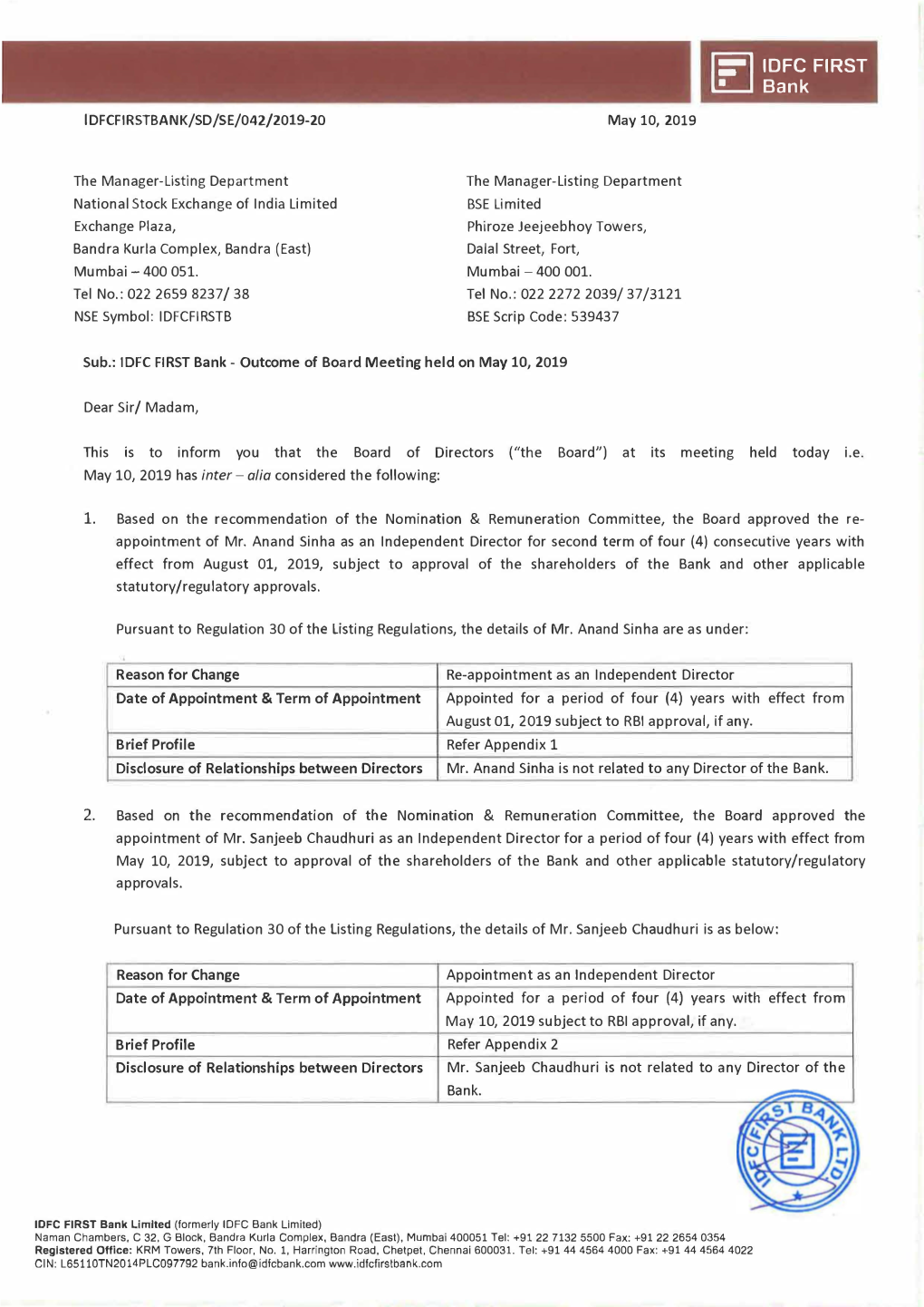 IDFC FIRST Bank - Outcome of Board Meeting Held on May 10, 2019