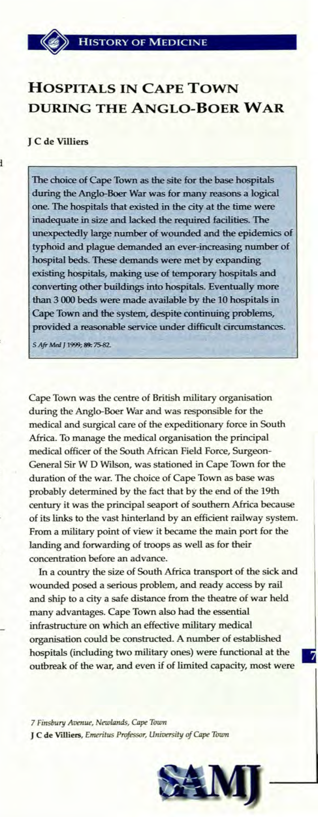 Hospitals in Cape Town During the Anglo-Boer