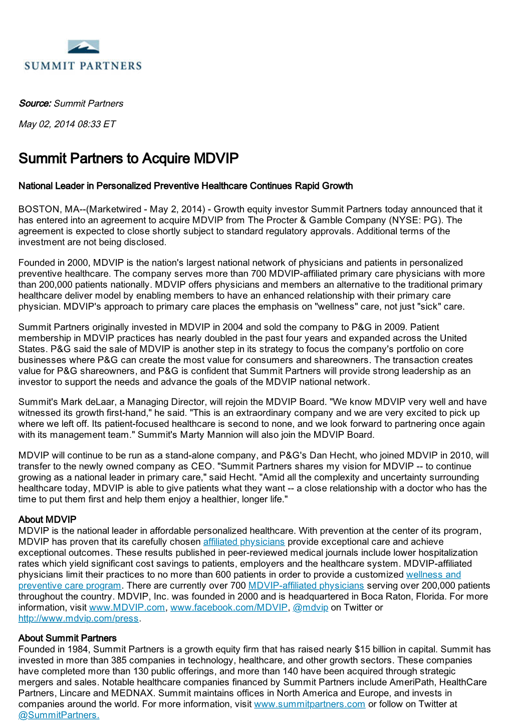 Summit Partners to Acquire MDVIP