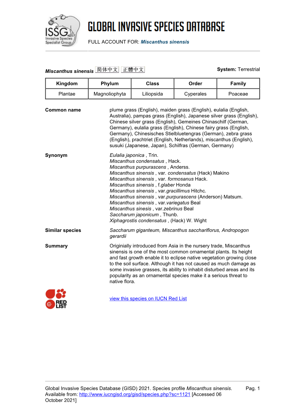 FULL ACCOUNT FOR: Miscanthus Sinensis Global Invasive Species Database (GISD) 2021. Species Profile Miscanthus Sinensis. Availab