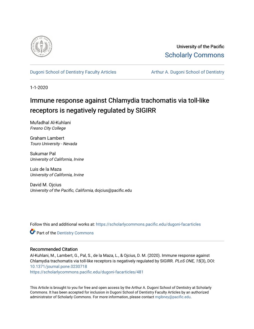 Immune Response Against Chlamydia Trachomatis Via Toll-Like Receptors Is Negatively Regulated by SIGIRR