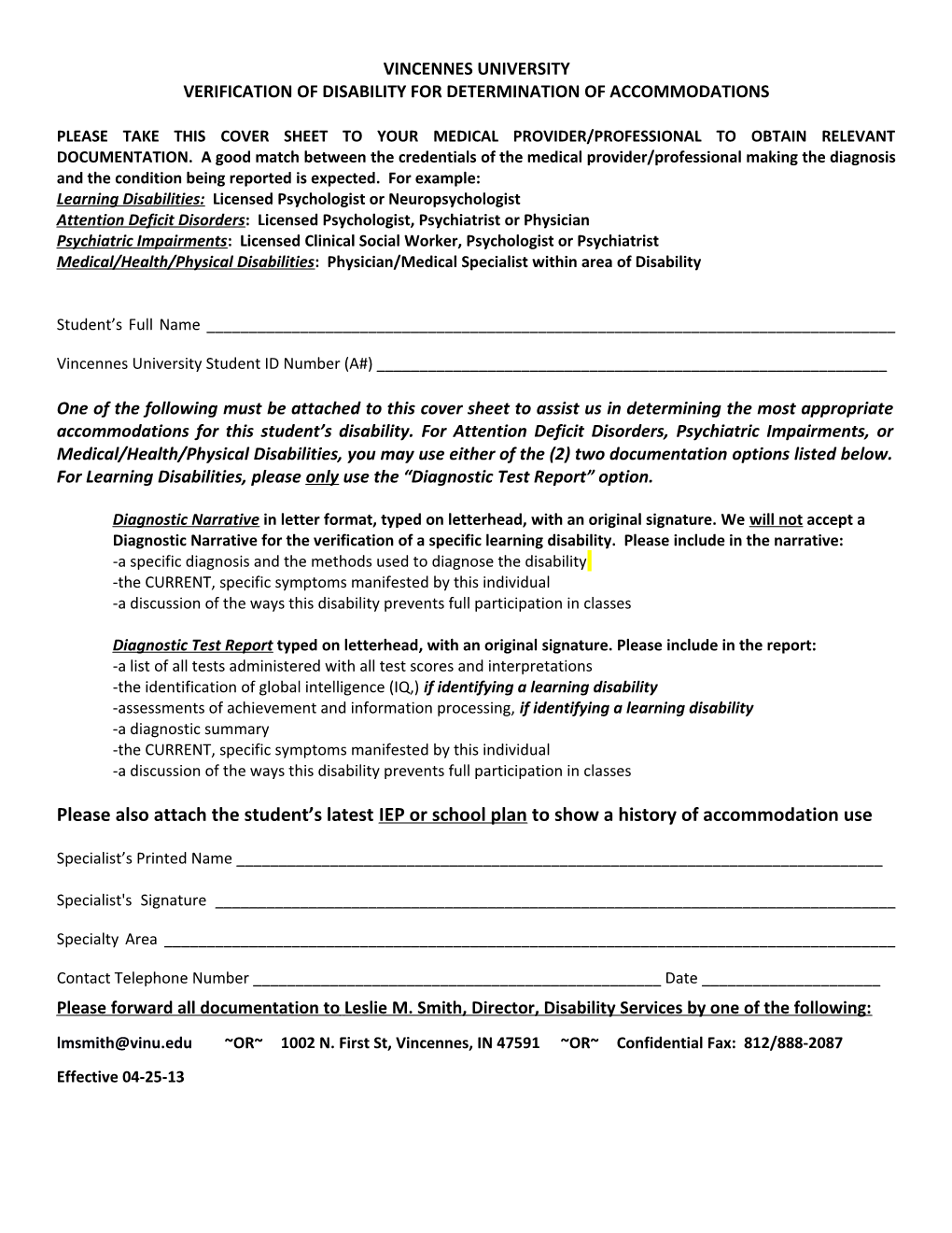 Verification of Disability for Determination of Accommodations