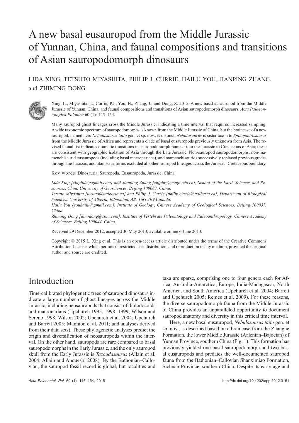 A New Basal Eusauropod from the Middle Jurassic of Yunnan, China, and Faunal Compositions and Transitions of Asian Sauropodomorph Dinosaurs