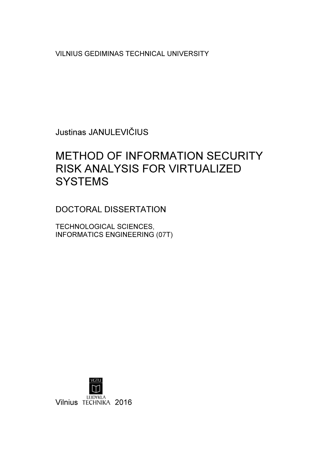 Method of Information Security Risk Analysis for Virtualized Systems