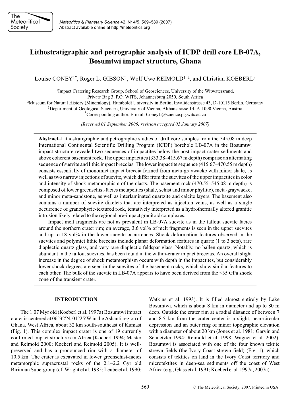 Lithostratigraphic and Petrographic Analysis of ICDP Drill Core LB-07A, Bosumtwi Impact Structure, Ghana