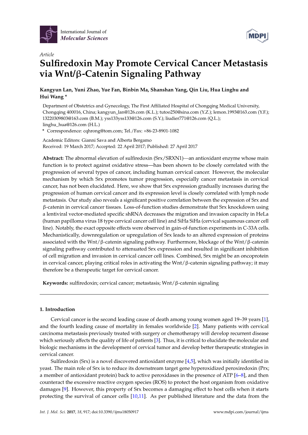 Sulfiredoxin May Promote Cervical Cancer Metastasis Via