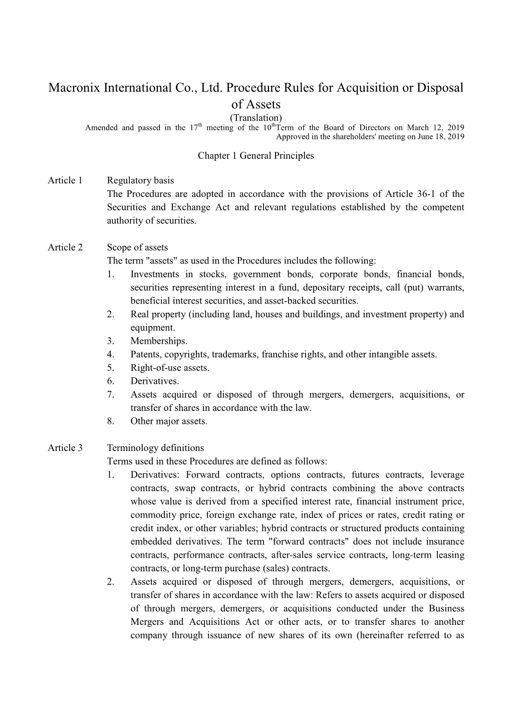 Macronix International Co., Ltd. Procedure Rules for Acquisition Or