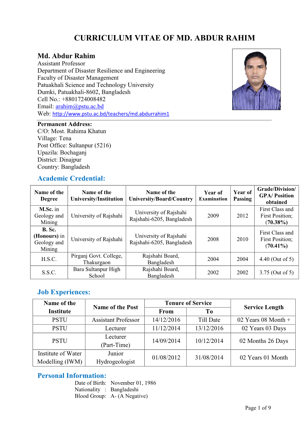 Curriculum Vitae of Md. Abdur Rahim