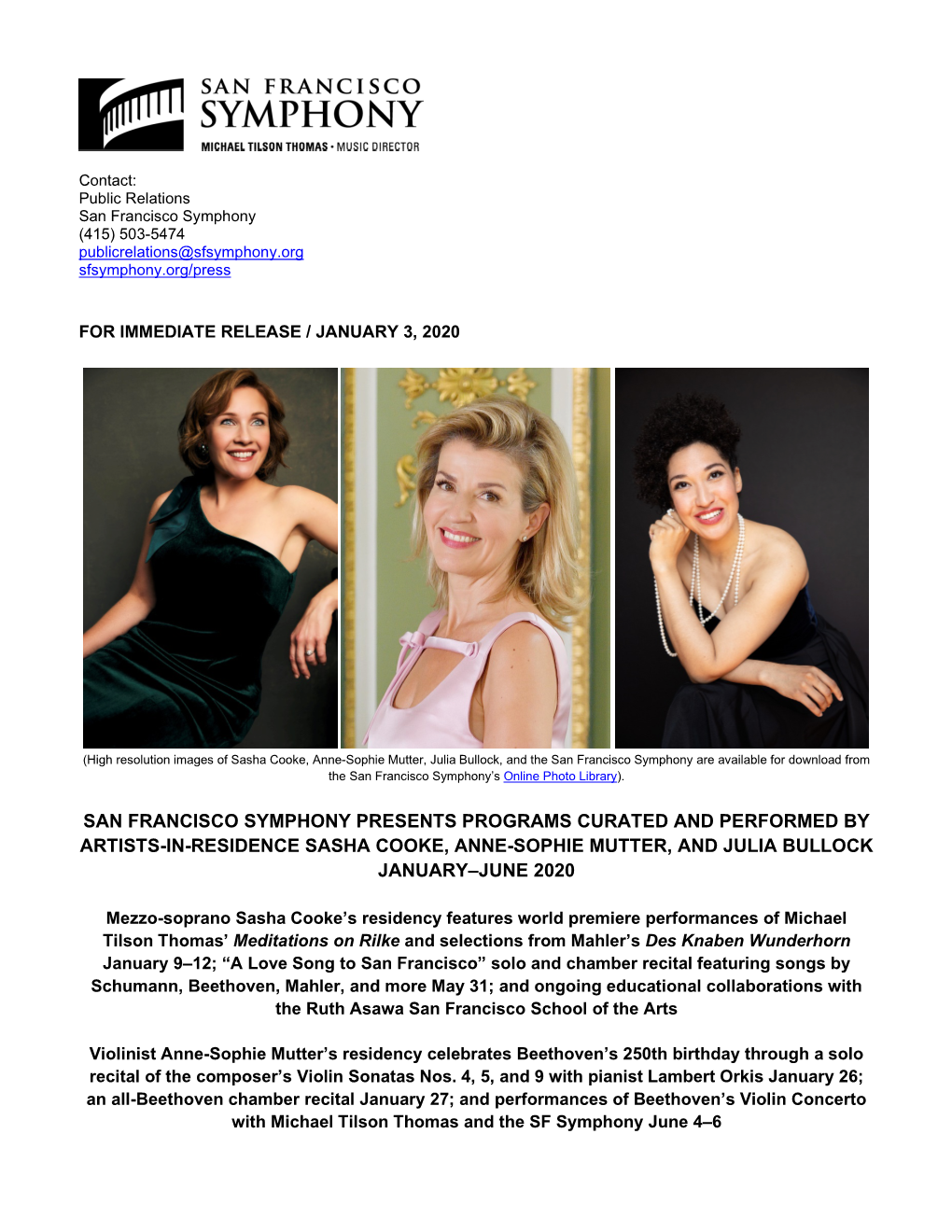 San Francisco Symphony Presents Programs Curated and Performed by Artists-In-Residence Sasha Cooke, Anne-Sophie Mutter, and Julia Bullock January–June 2020