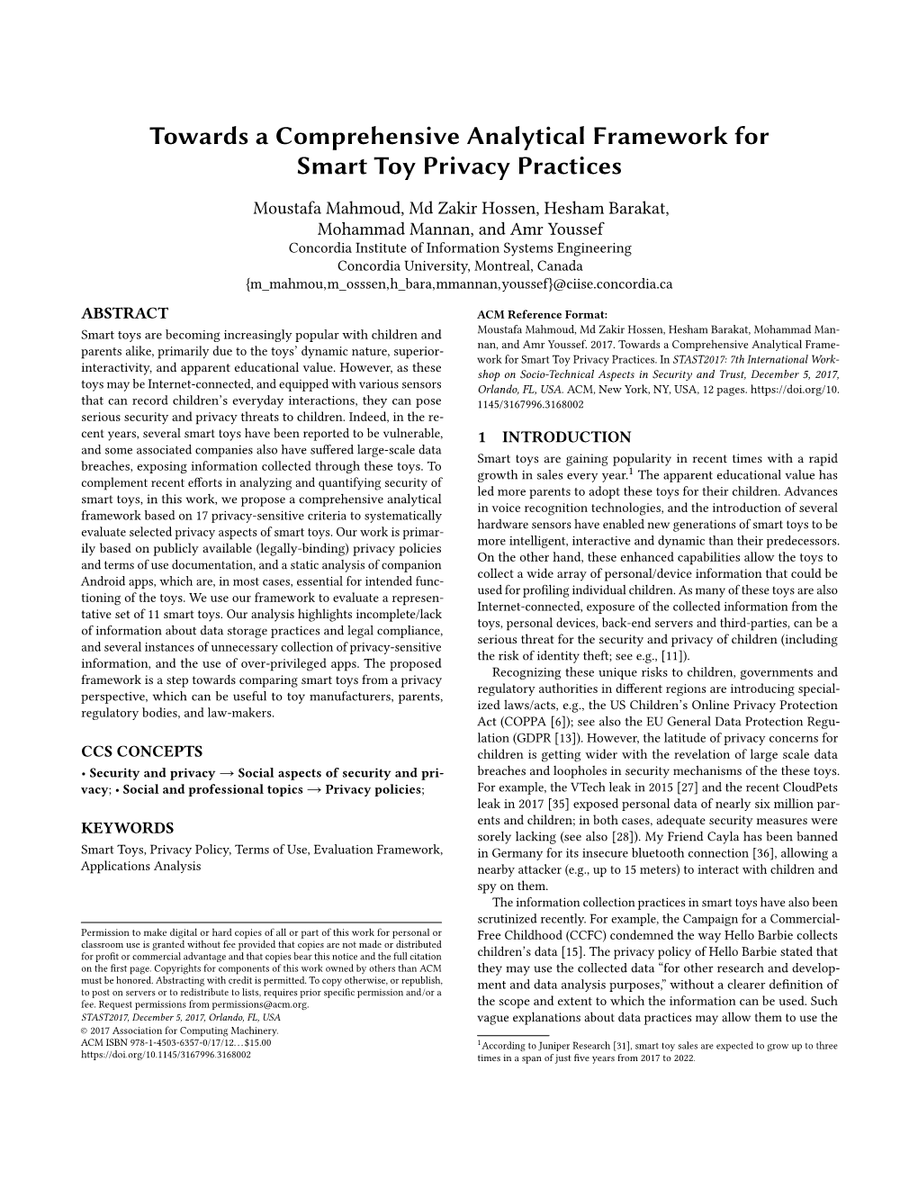 Towards a Comprehensive Analytical Framework for Smart Toy Privacy Practices
