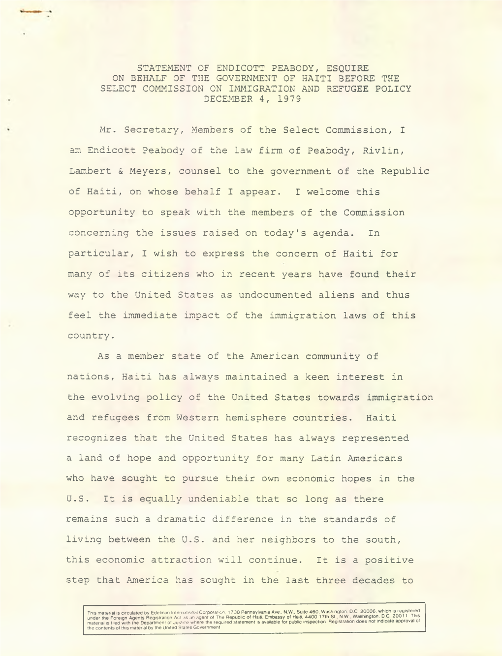 Statement of Endicott Peabody, Esquire on Behalf of the Government of Haiti Before the Select Commission on Immigration and Refugee Policy December 4, 1979