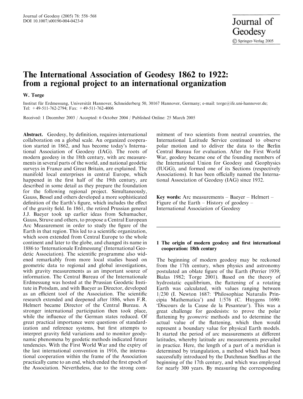 The International Association of Geodesy 1862 to 1922: from a Regional Project to an International Organization W