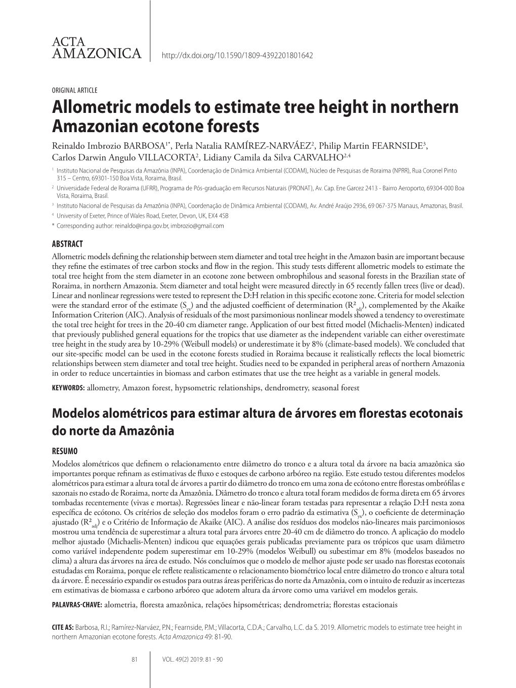 Allometric Models to Estimate Tree Height in Northern Amazonian Ecotone Forests