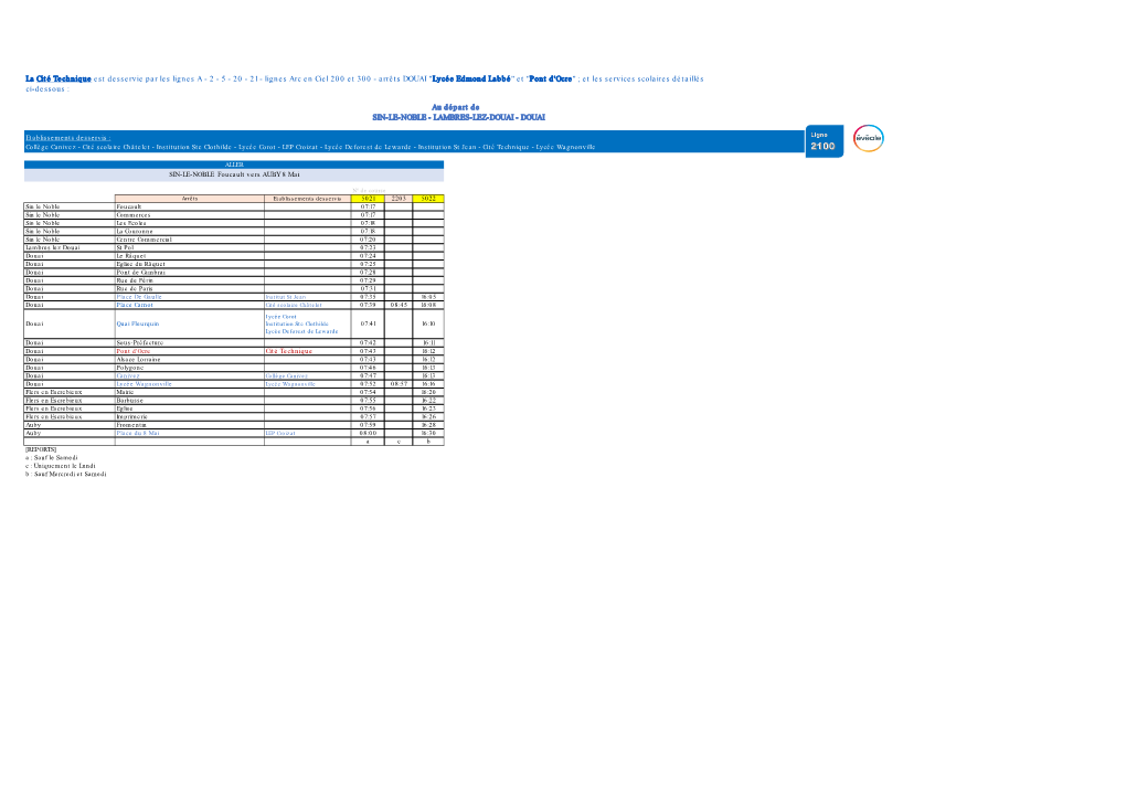 Arrêts DOUAI "Lycée Edmond Labbé" Et "Pont D'ocre" ; Et Les Services Scolaires Détaillés Ci-Dessous