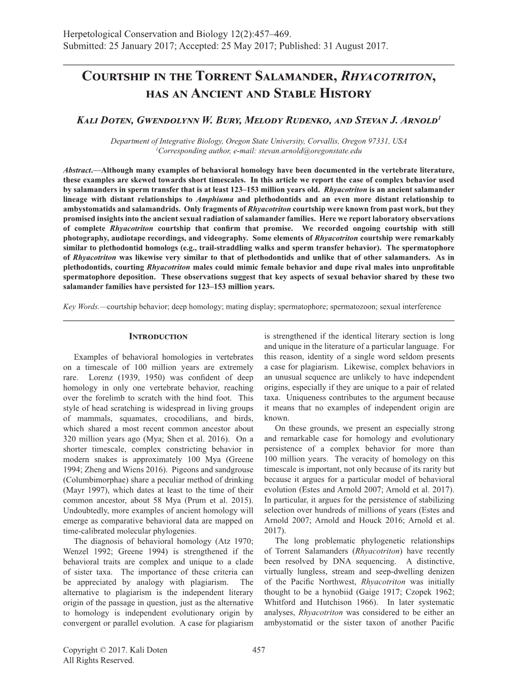 Courtship in the Torrent Salamander, Rhyacotriton, Has an Ancient and Stable History