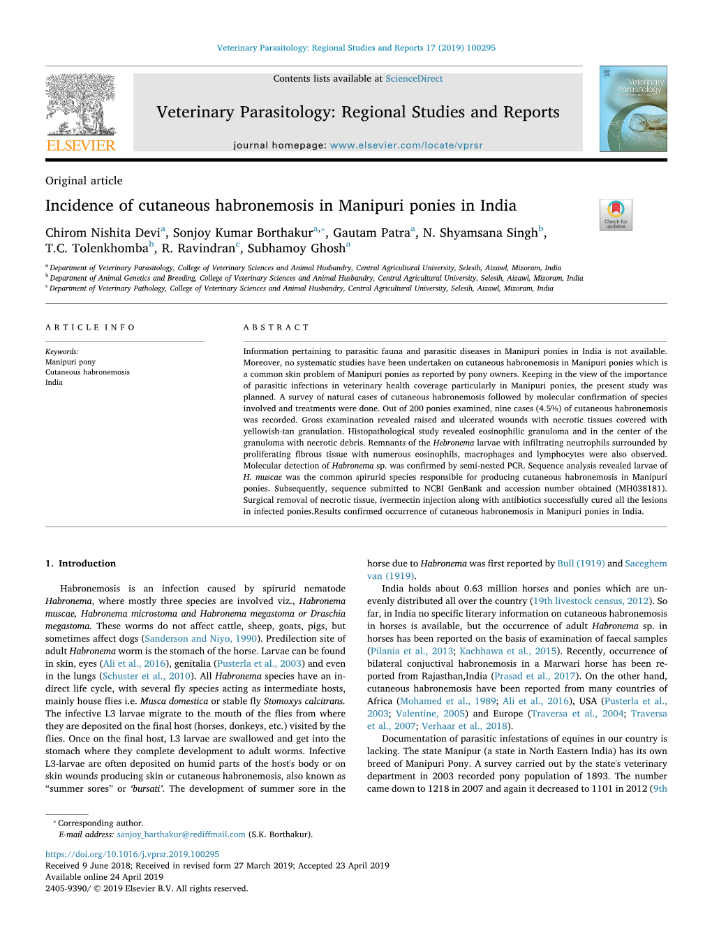 Incidence of Cutaneous Habronemosis in Manipuri Ponies in India T ⁎ Chirom Nishita Devia, Sonjoy Kumar Borthakura, , Gautam Patraa, N