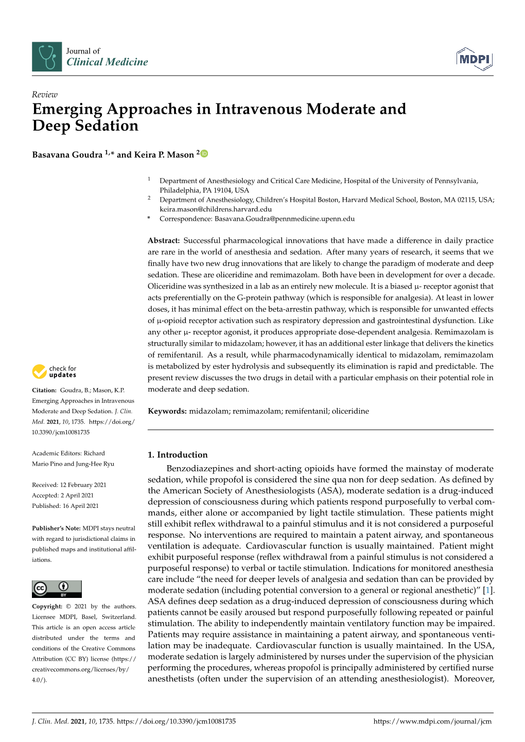 Emerging Approaches in Intravenous Moderate and Deep Sedation