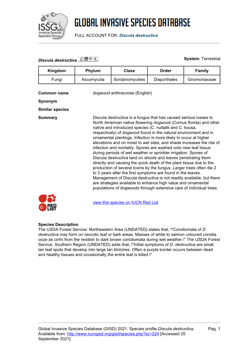 (GISD) 2021. Species Profile Discula Destructiva. Availab