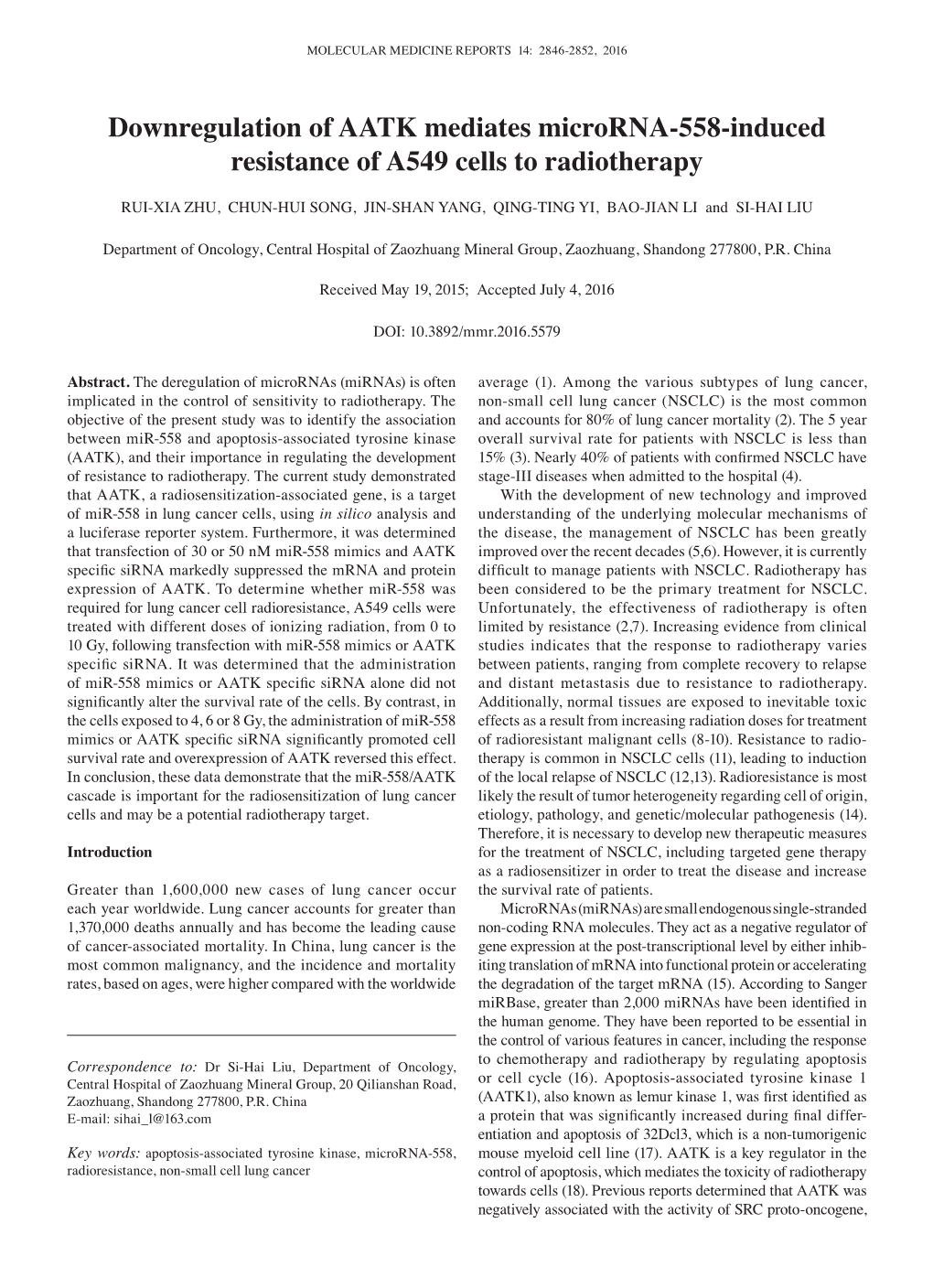 Downregulation of AATK Mediates Microrna-558-Induced Resistance of A549 Cells to Radiotherapy