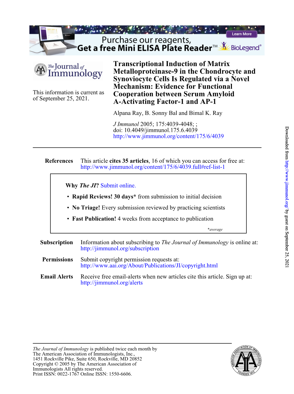 A-Activating Factor-1 and AP-1 Cooperation Between Serum