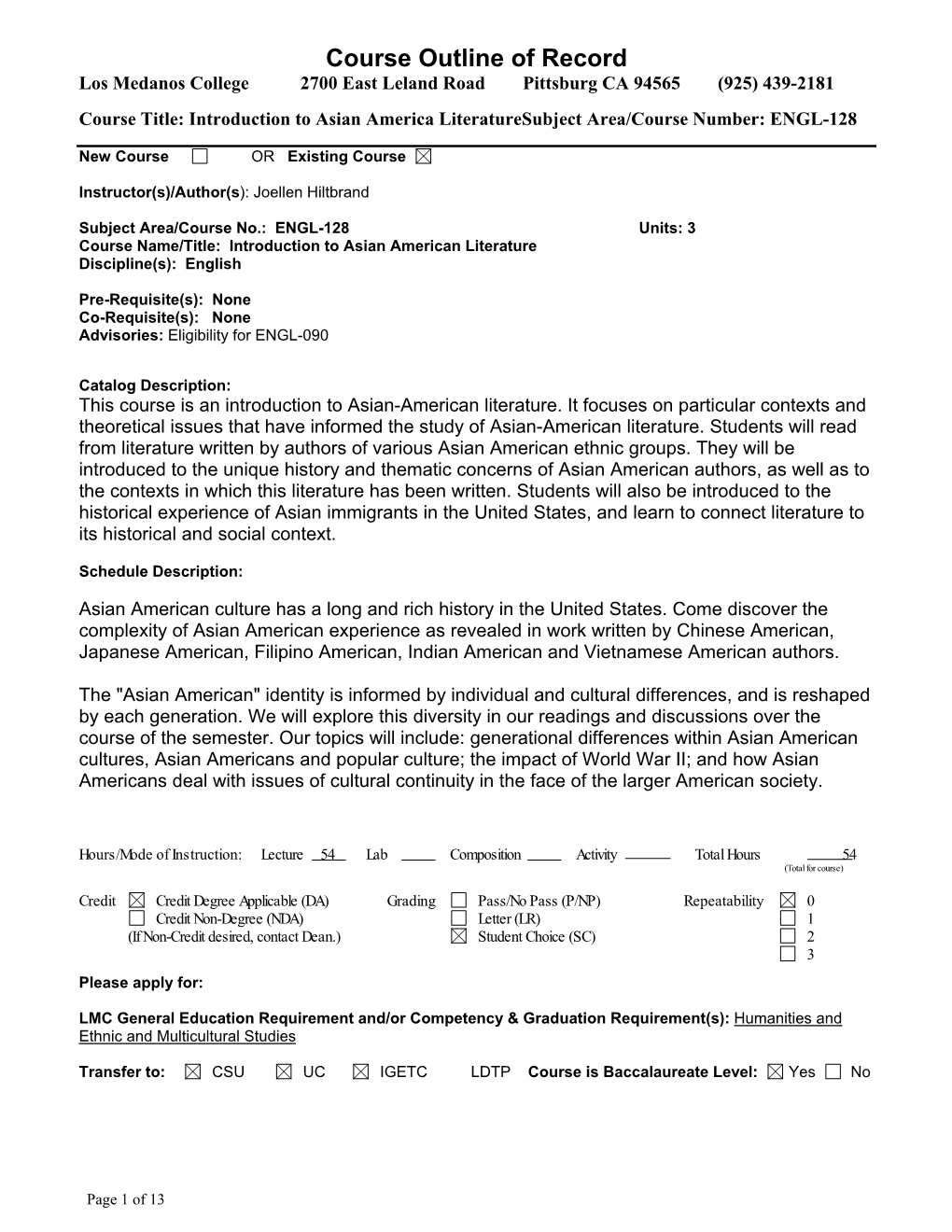 Course Outline of Record Los Medanos College 2700 East Leland Road Pittsburg CA 94565 (925) 439-2181