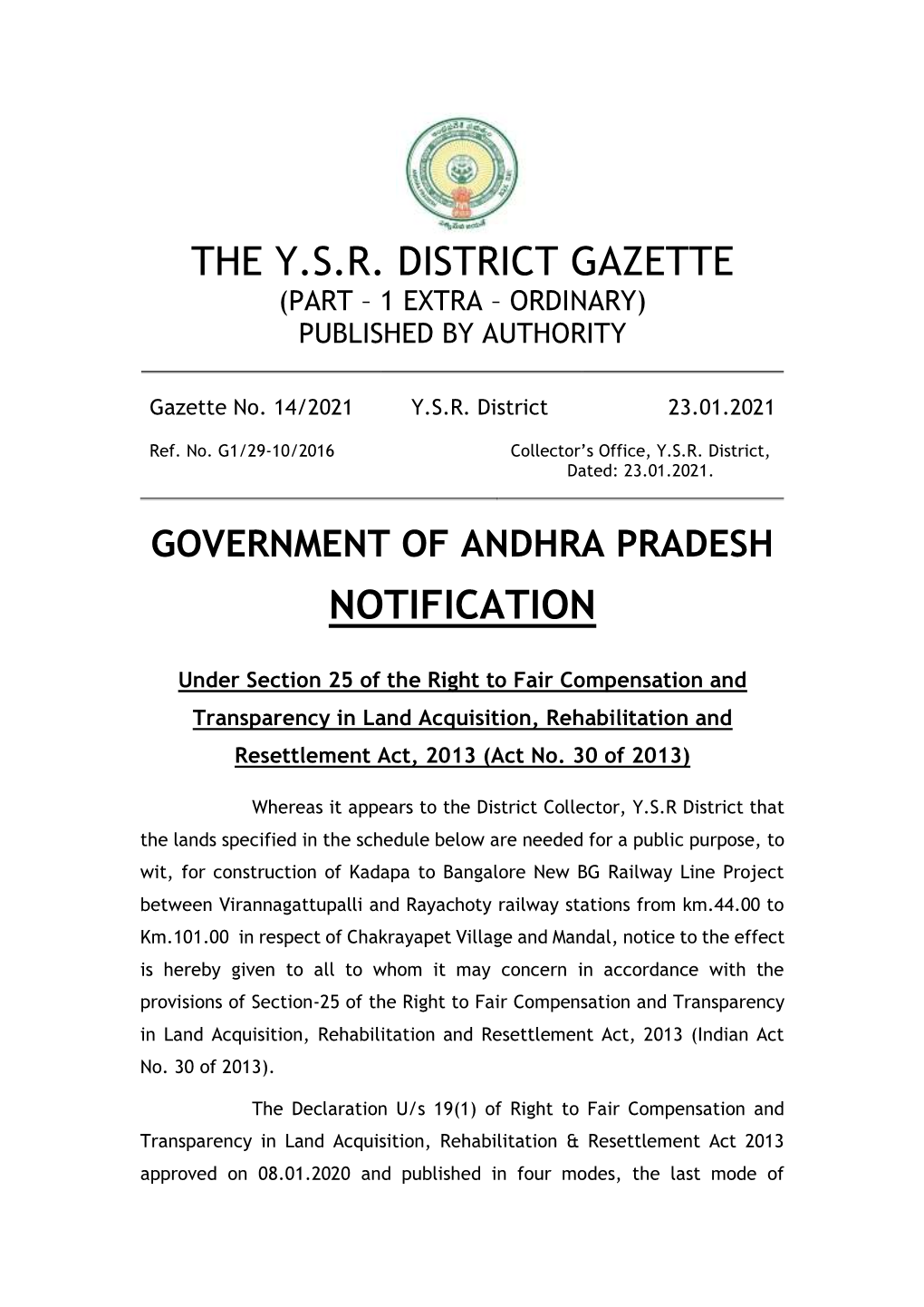 The Y.S.R. District Gazette Notification