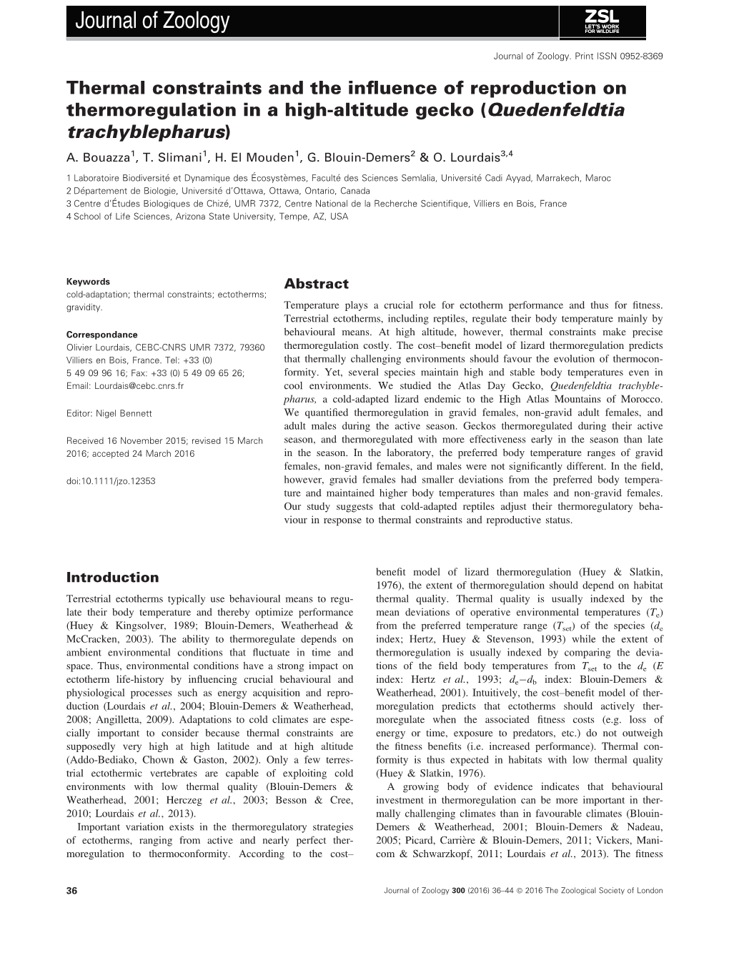 Thermal Constraints and the Influence of Reproduction on Thermoregulation