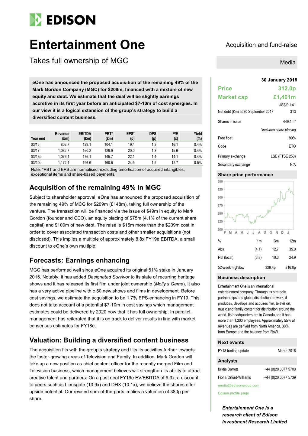 Entertainment One Acquisition and Fund-Raise