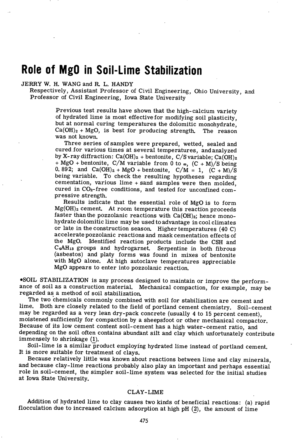 Role of Mgo in Soil-Lime Stabilization JERRY W