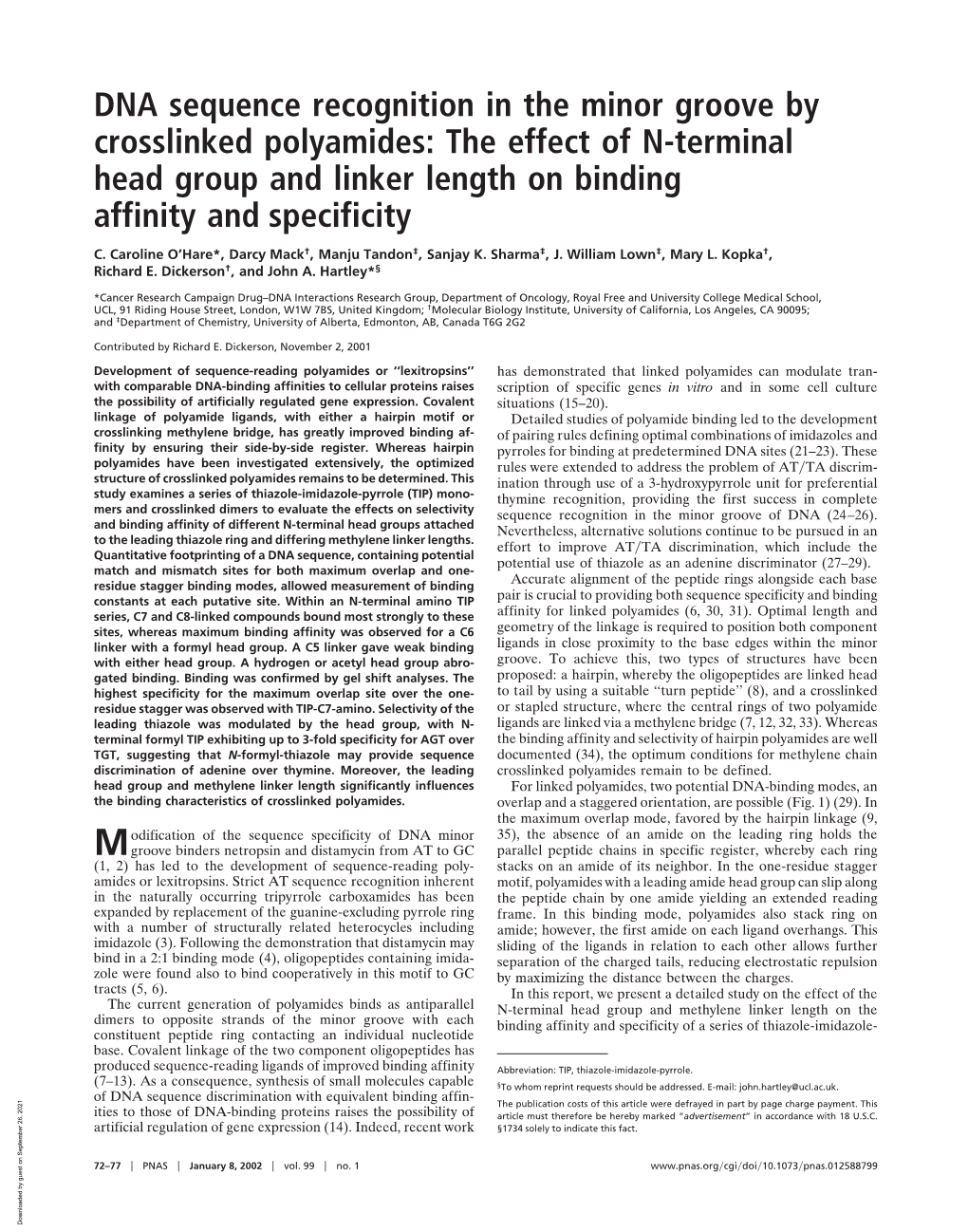 DNA Sequence Recognition in the Minor Groove by Crosslinked Polyamides: the Effect of N-Terminal Head Group and Linker Length on Binding Affinity and Specificity