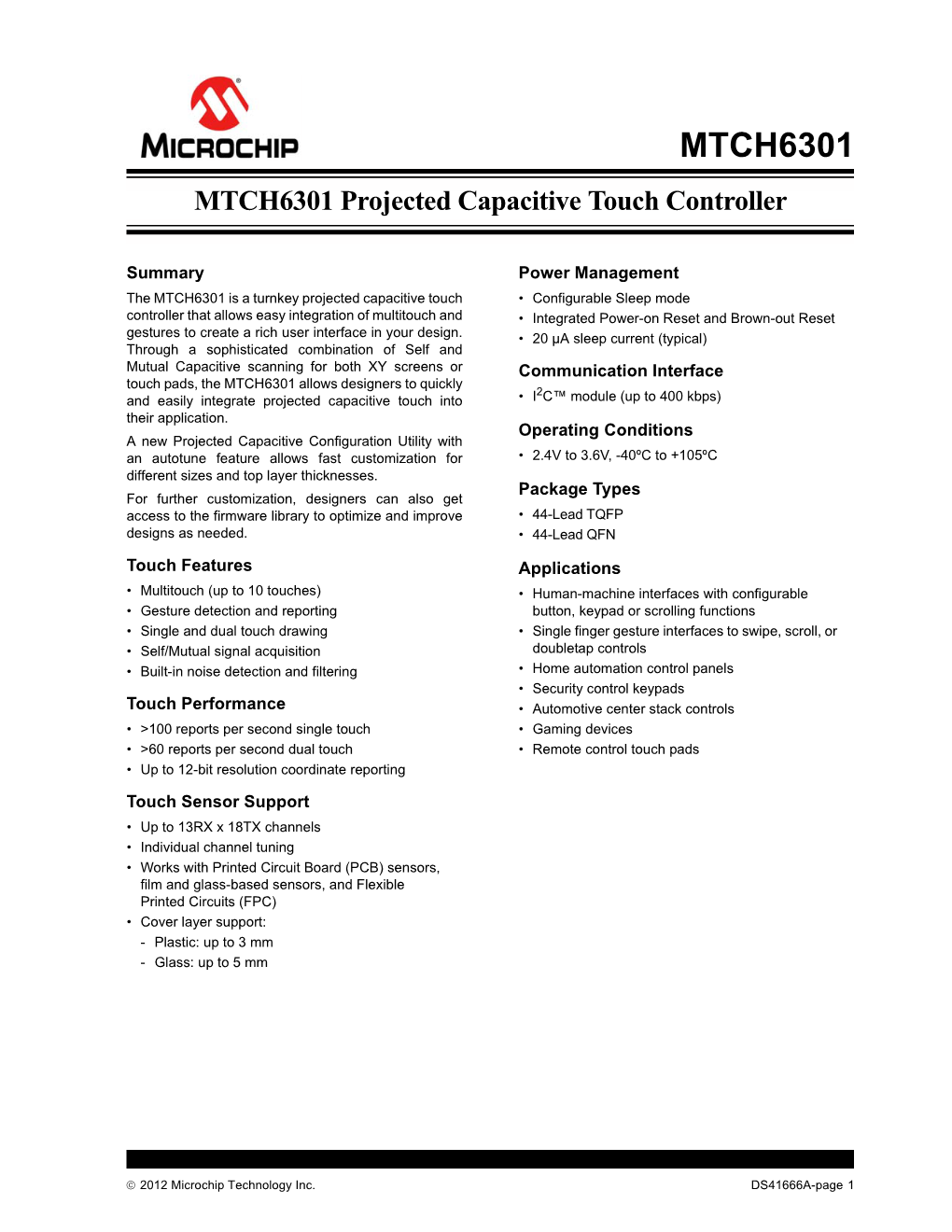 MTCH6301 Projected Capacitive Touch Controller Product Brief