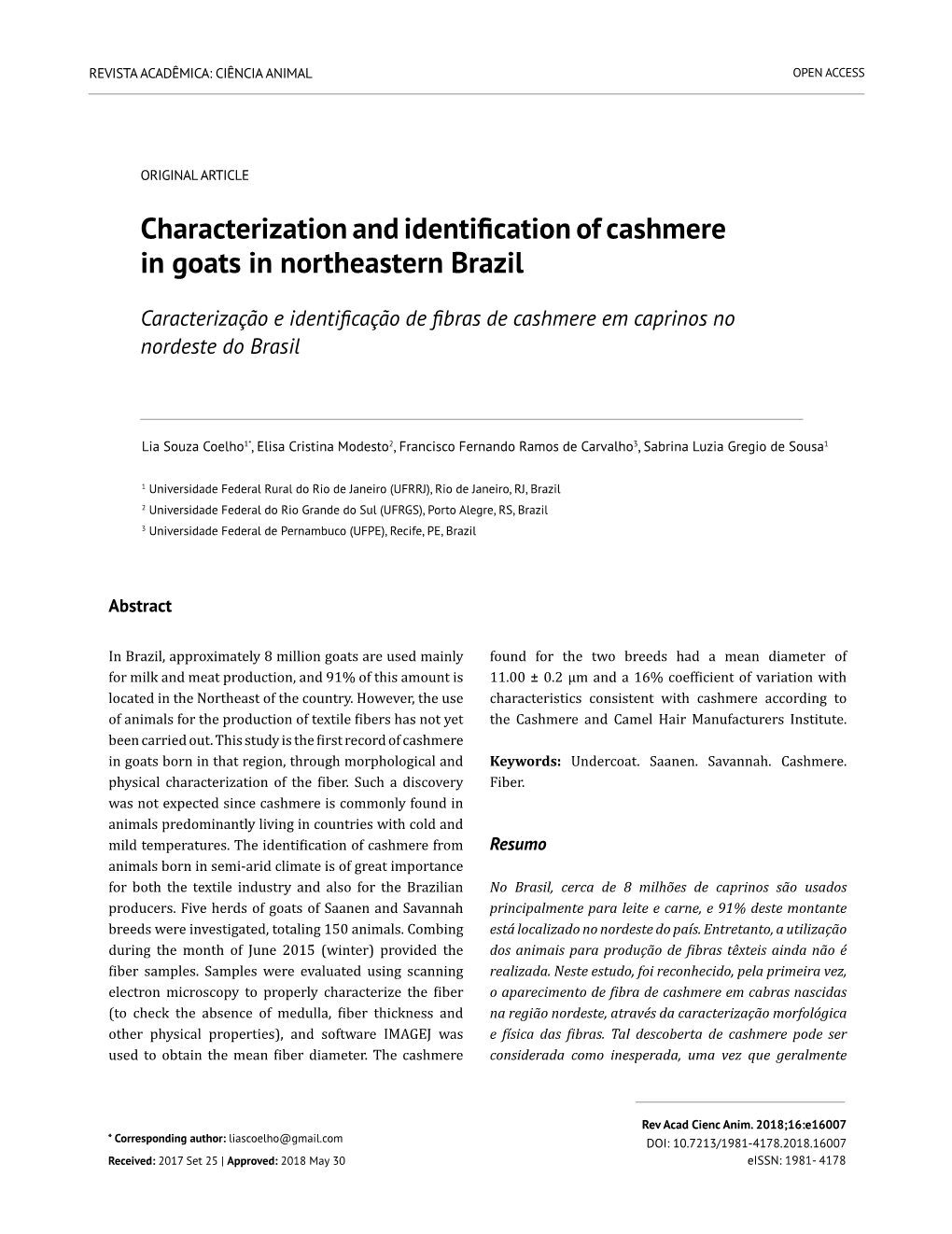 Characterization and Identification of Cashmere in Goats in Northeastern Brazil