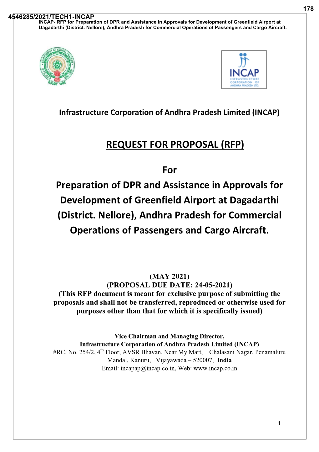 Rfp for Preparation of DPR for Development of Greenfield Airport