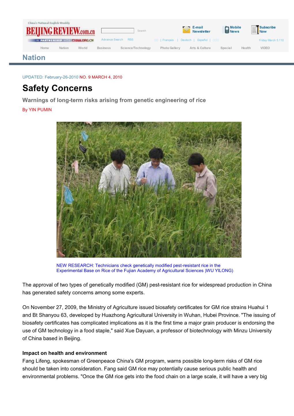 Safety Concerns Warnings of Long-Term Risks Arising from Genetic Engineering of Rice by YIN PUMIN