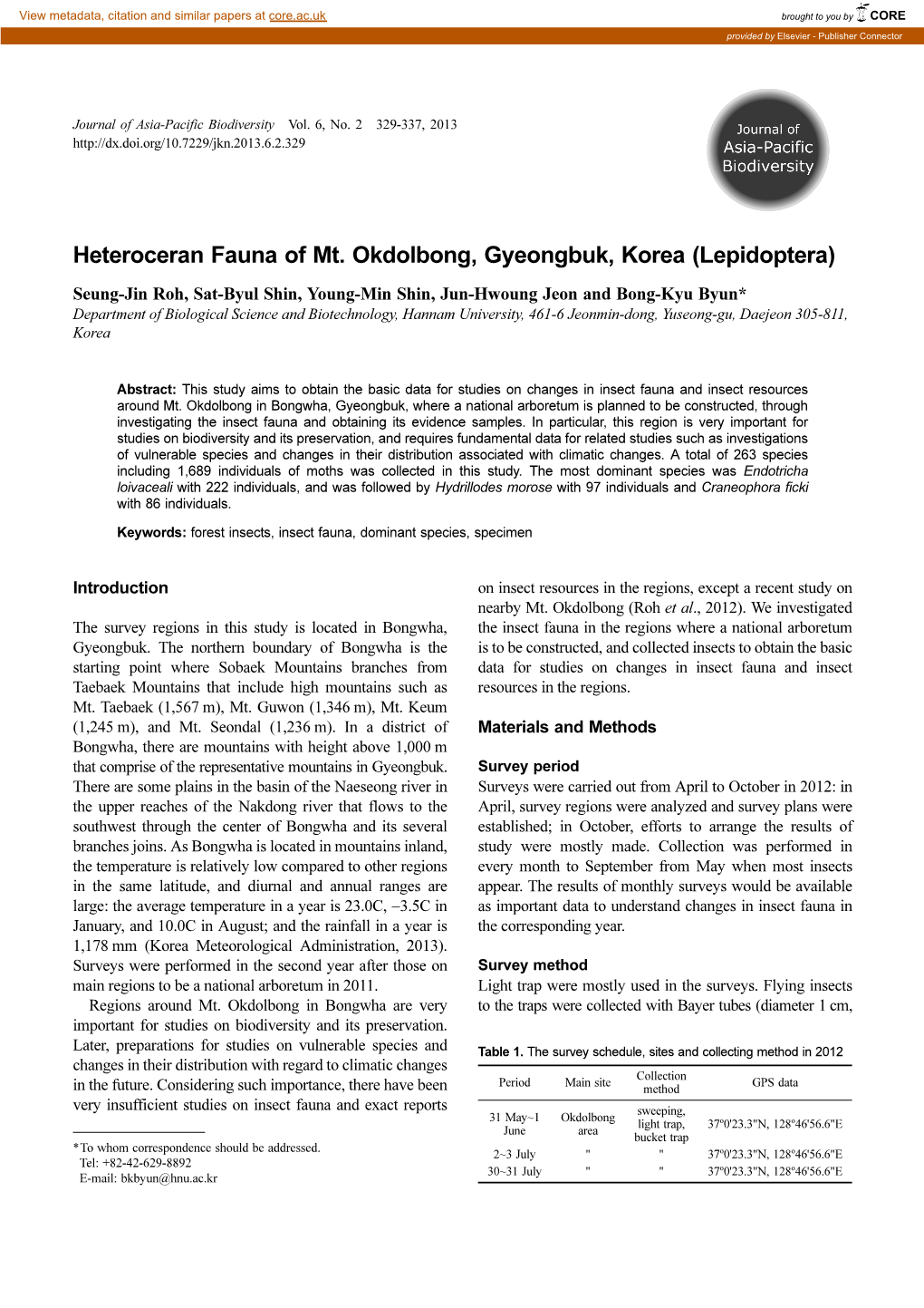 Heteroceran Fauna of Mt. Okdolbong, Gyeongbuk, Korea (Lepidoptera)