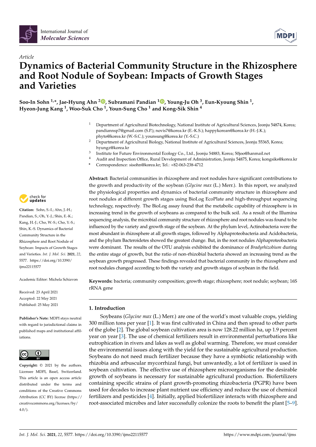 Dynamics of Bacterial Community Structure in the Rhizosphere and Root Nodule of Soybean: Impacts of Growth Stages and Varieties