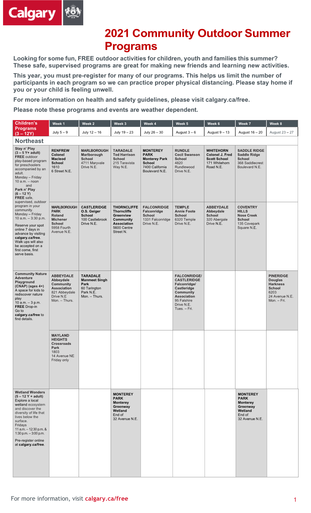 2021 Community Outdoor Summer Programs