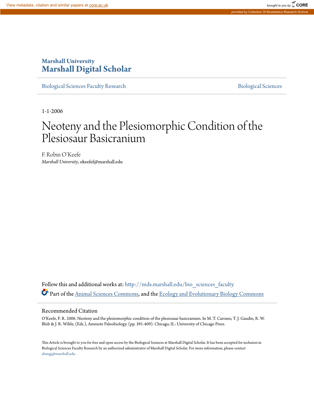 Neoteny and the Plesiomorphic Condition of the Plesiosaur Basicranium F