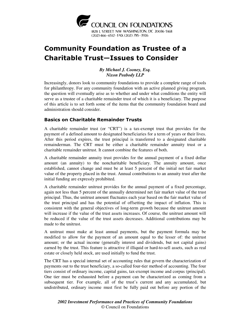 Community Foundation As Trustee of a Charitable Trust–Issues to Consider