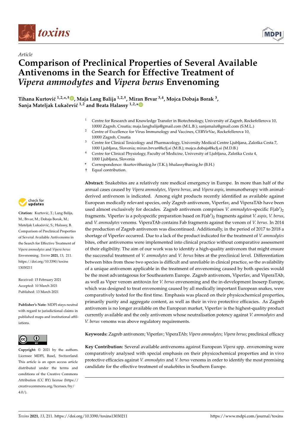 Comparison of Preclinical Properties of Several Available Antivenoms in the Search for Effective Treatment of Vipera Ammodytes and Vipera Berus Envenoming