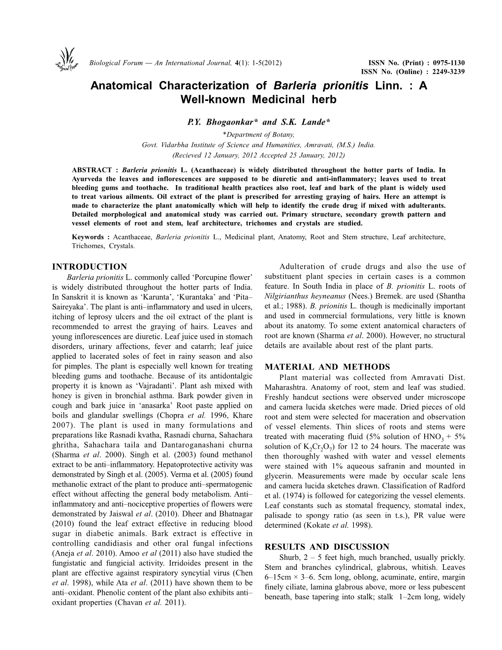 Anatomical Characterization of Barleria Prionitis Linn. : a Well-Known Medicinal Herb