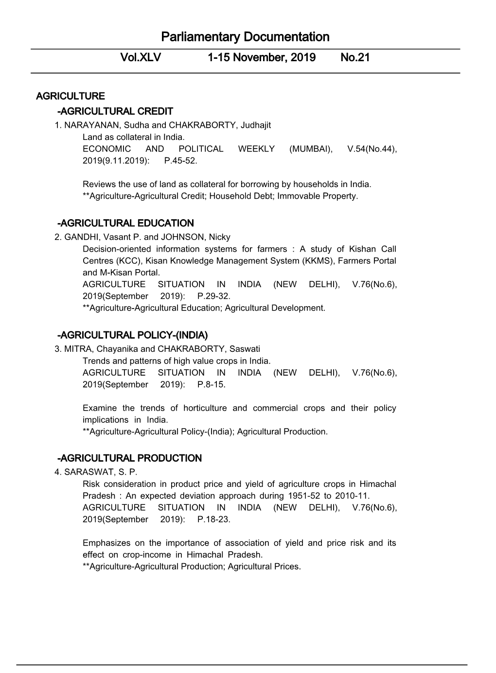 Parliamentary Documentation Vol.XLV 1-15 November, 2019 No.21