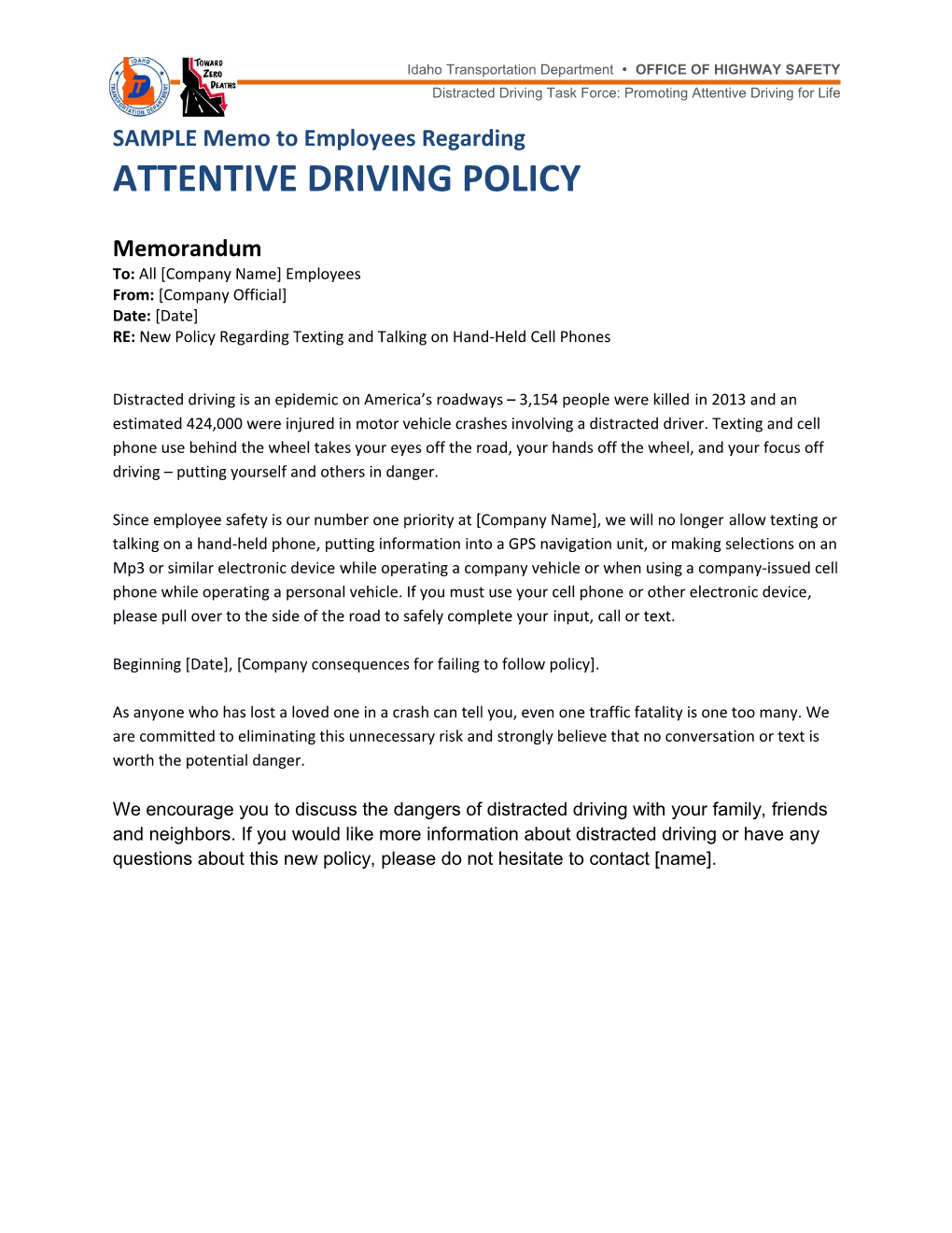 SAMPLE Memo to Employees Regarding New Attentive Driving Policy