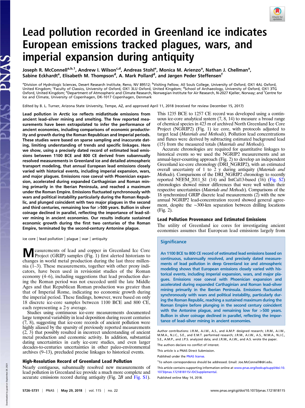 Lead Pollution Recorded in Greenland Ice Indicates European Emissions Tracked Plagues, Wars, and Imperial Expansion During Antiquity