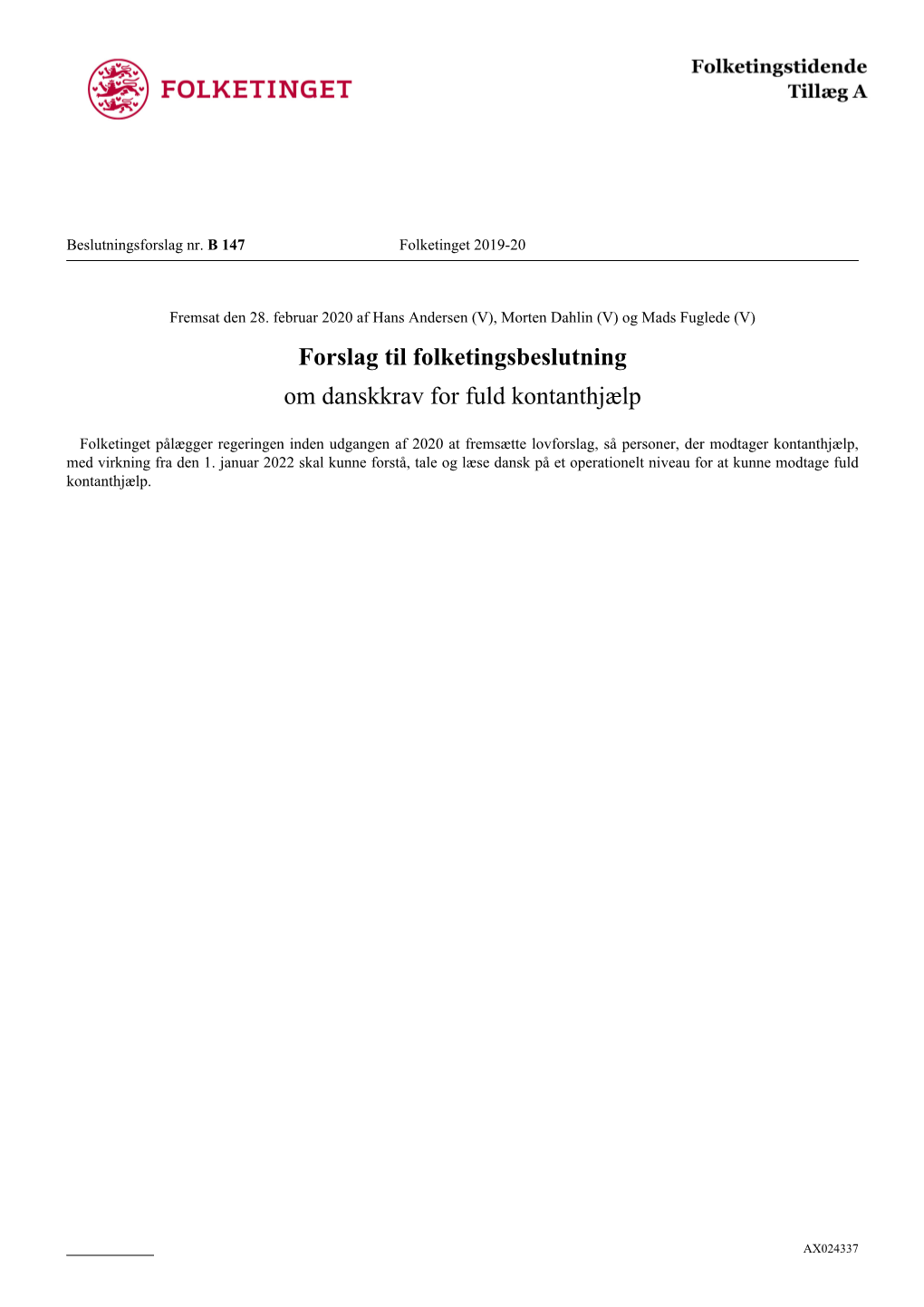 Forslag Til Folketingsbeslutning Om Danskkrav for Fuld Kontanthjælp