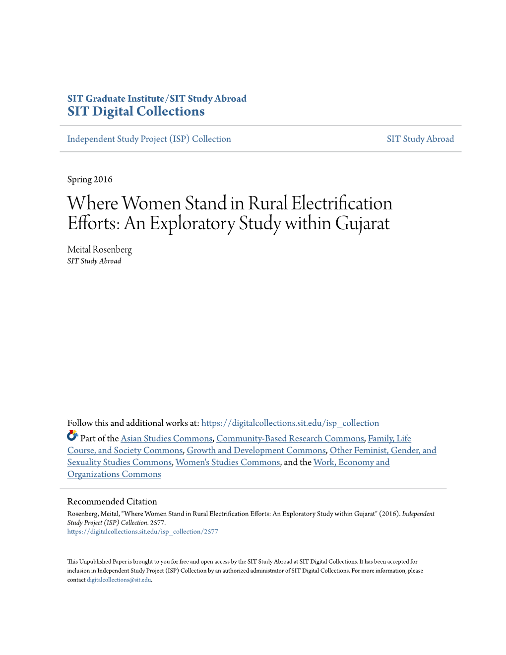 Where Women Stand in Rural Electrification Efforts: an Exploratory Study Within Gujarat Meital Rosenberg SIT Study Abroad